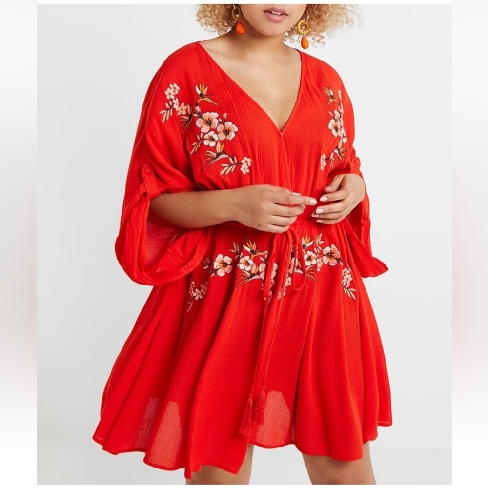 City Chic Red Floral Embroidered Mini Dress